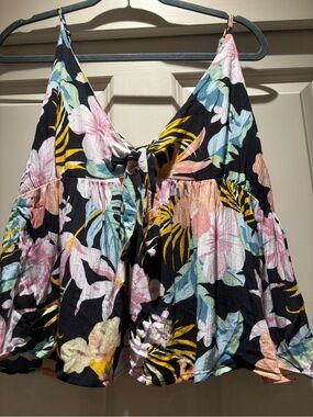 NWT Hurley Black Floral Tie-Front Dress with Yellow & Pink Accents